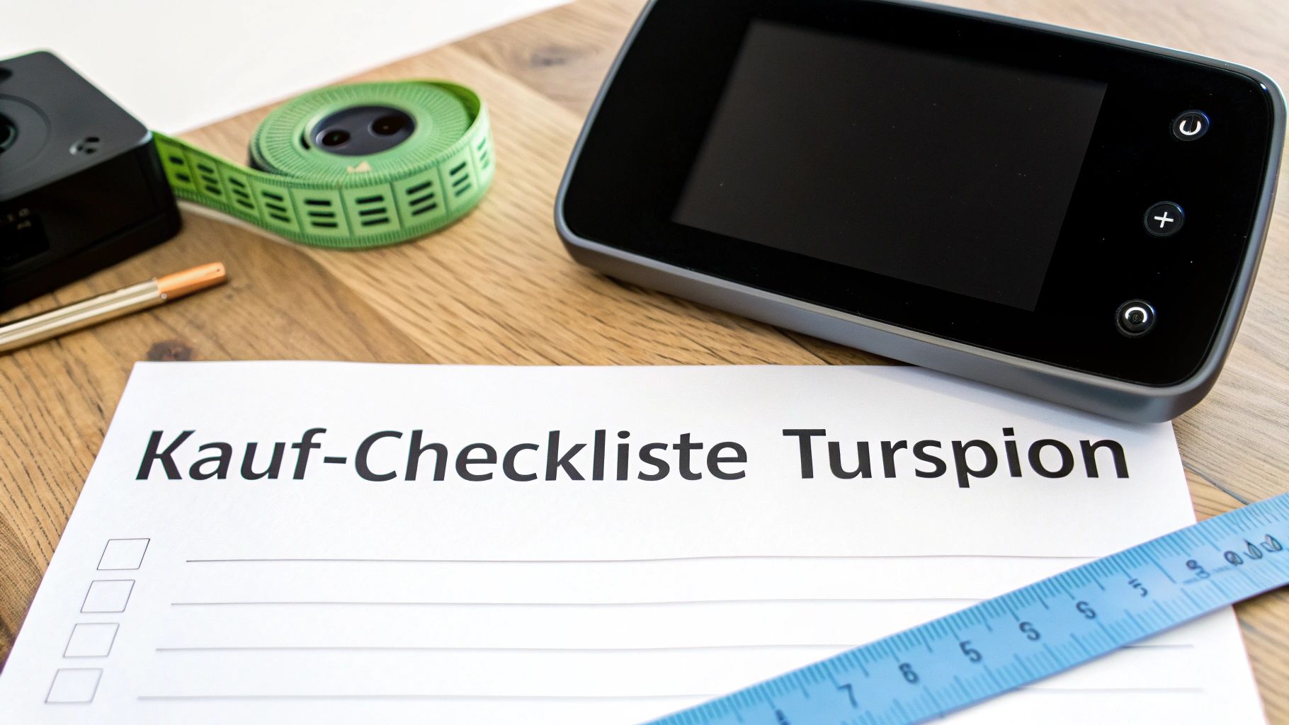 Ein digitaler Türspion und eine Kauf-Checkliste liegen auf einem Holztisch mit Messwerkzeugen.