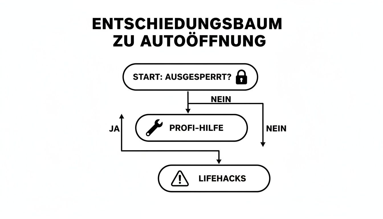 Entscheidungsbaum zur Autoöffnung: Start bei Aussperrung, dann Profi-Hilfe oder Lifehacks nutzen.