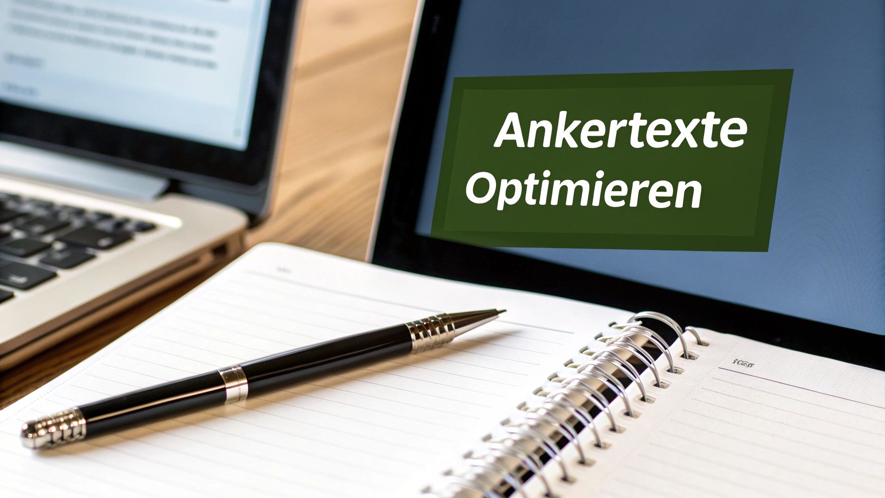 Area di lavoro con laptop, quaderno aperto e penna. Sullo schermo del laptop viene visualizzato il testo "Ottimizza il testo di ancoraggio" per la SEO.