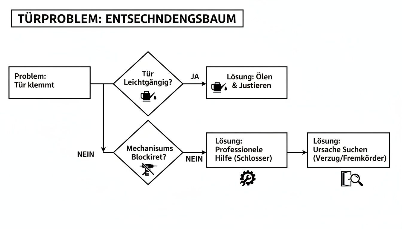 Entscheidungsbaum zur Behebung des Problems einer klemmenden Tür: Ölen, Justieren oder professionelle Hilfe durch einen Schlosser.