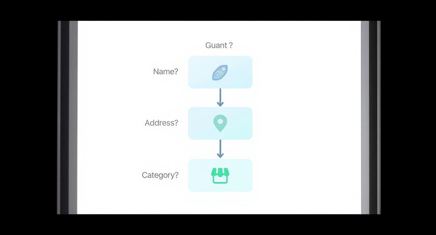 Flowchart shows steps to create a Google Maps listing: Enter name, address and category.