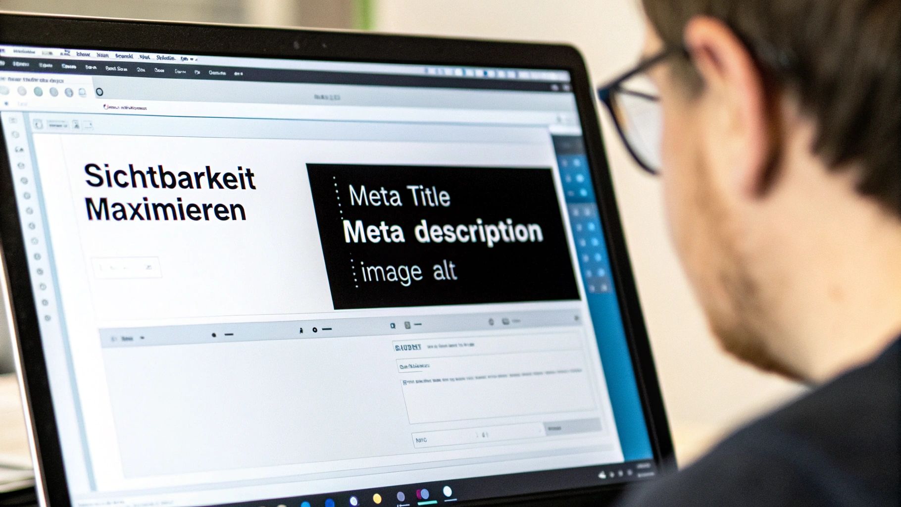 A person looks at a laptop screen displaying SEO settings such as meta title, description, and alt text to maximize visibility.