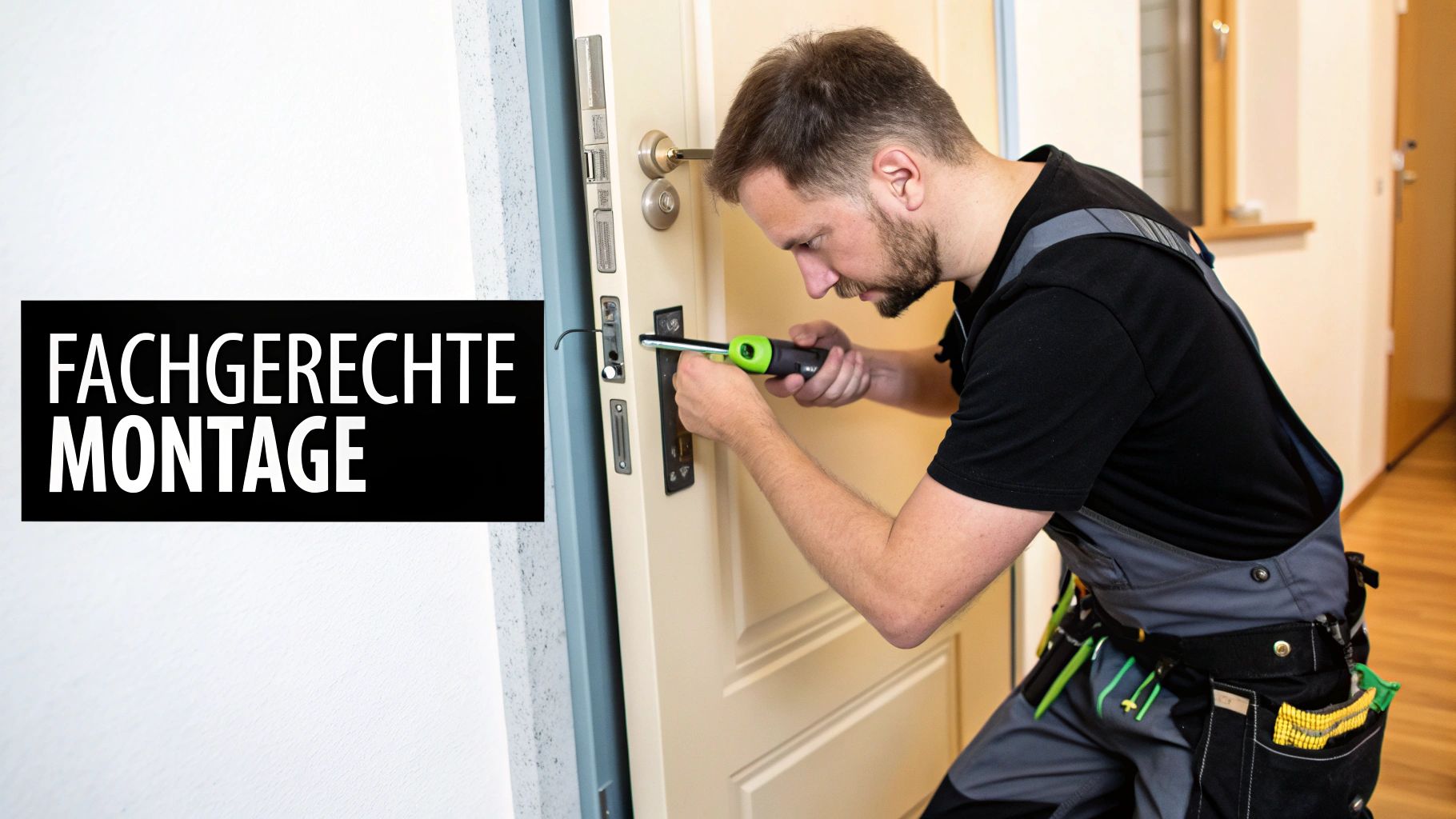 Ein Monteur installiert fachgerecht ein Türschloss mit einem Schraubendreher. Text: Fachgerechte Montage.