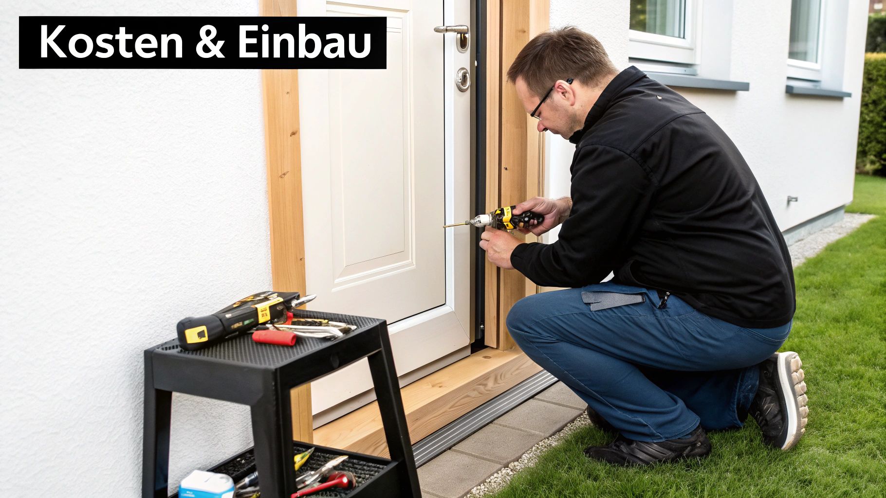 Ein Mann montiert oder repariert ein Türschloss mit einem Akkuschrauber, Werkzeuge sind auf einem kleinen Regal daneben.