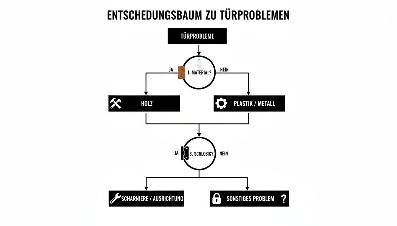 Entscheidungsbaum für Türprobleme, der nach Material (Holz, Plastik/Metall) und Schlossfunktion fragt.