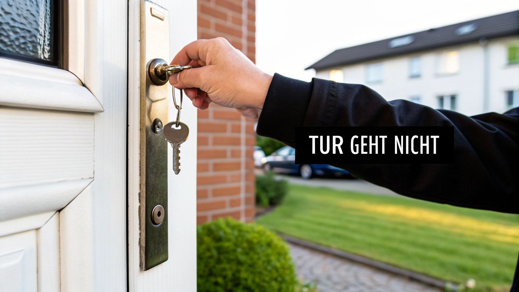Eine Hand versucht, eine weiße Haustür mit einem Schlüssel zu öffnen, aber die Tür klemmt.