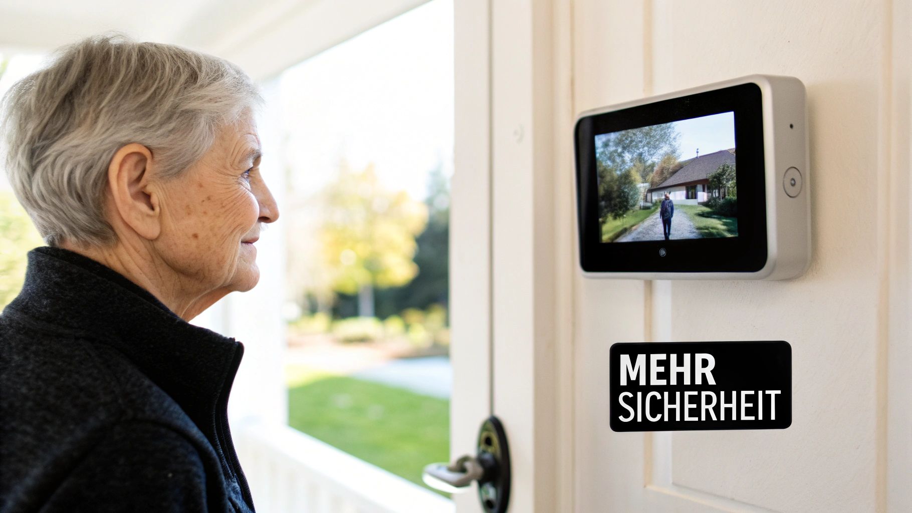 Ältere Frau betrachtet einen digitalen Türspion, der eine Person vor einem Haus zeigt, mit dem Schriftzug 'MEHR SICHERHEIT'.