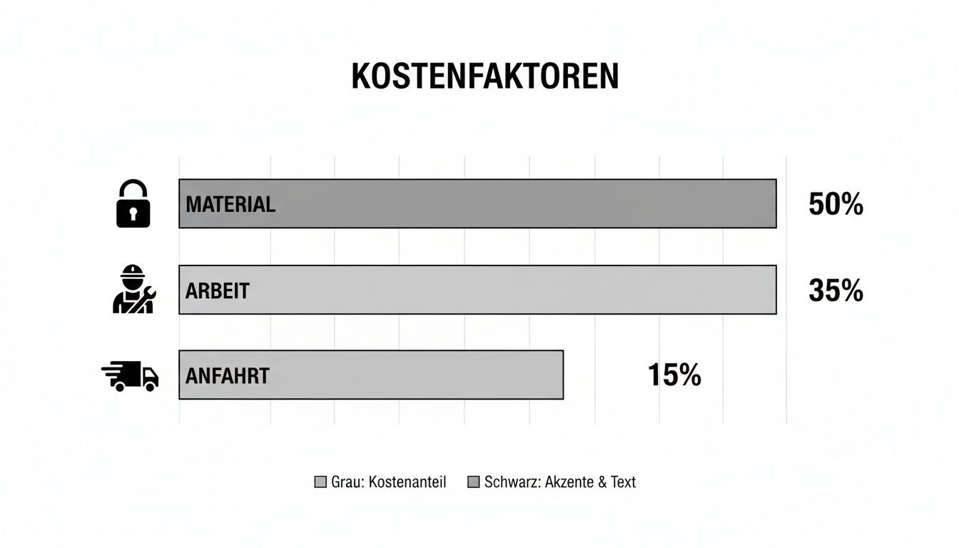 Balkendiagramm der Kostenfaktoren: Material (50%), Arbeit (35%) und Anfahrt (15%).