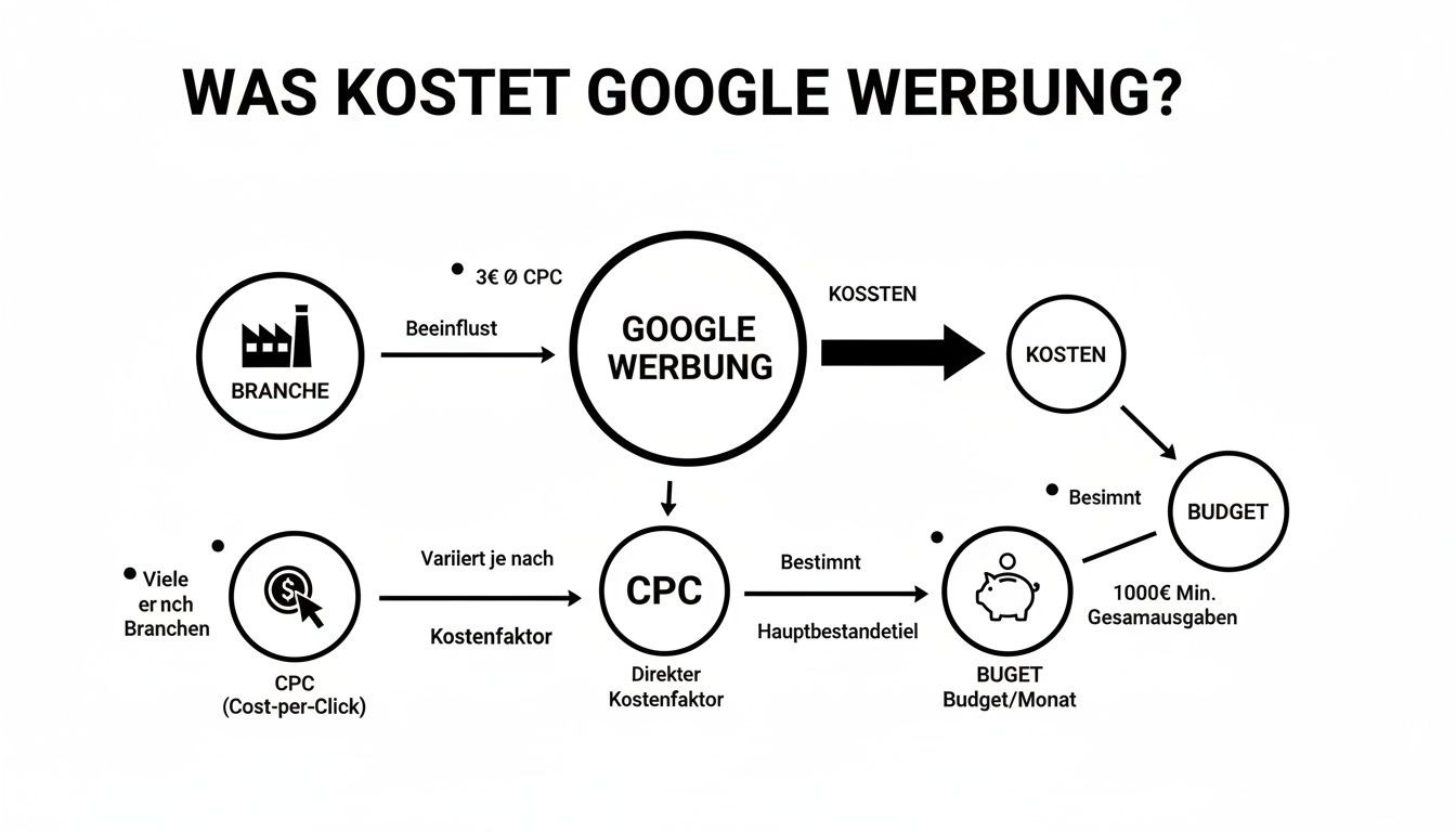 Diagramma di flusso che spiega i costi della pubblicità su Google, influenzati dal settore e dal costo per clic (CPC).