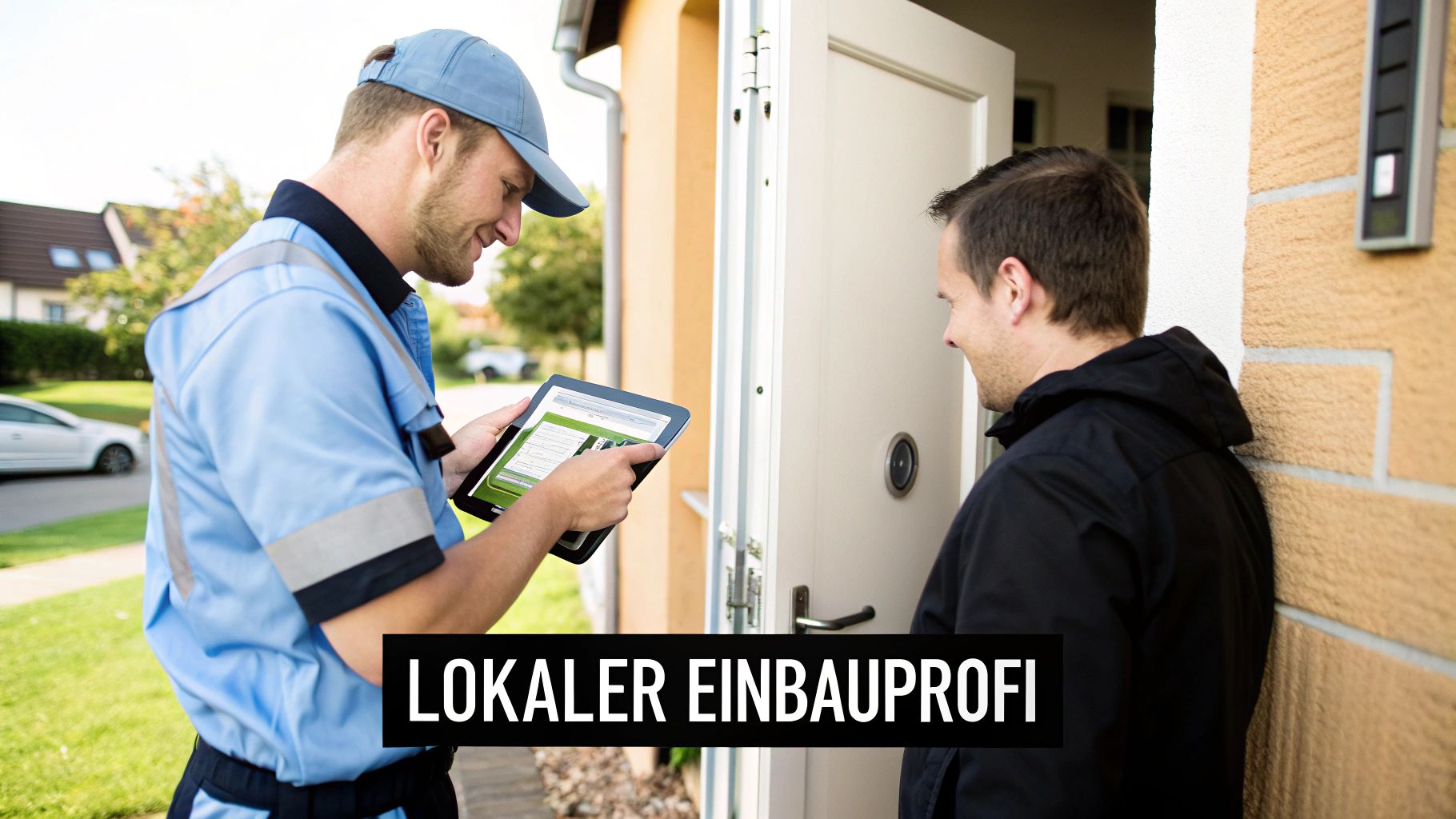 Ein Handwerker in blauer Uniform zeigt einem Kunden an der Haustür Informationen auf einem Tablet zum Thema Einbau.