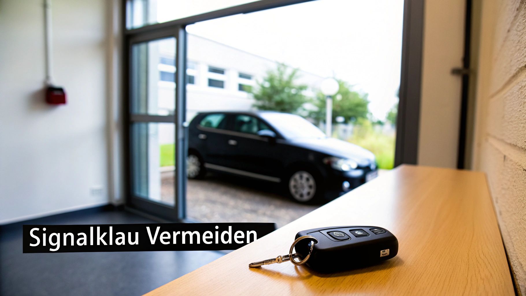 Autoschlüssel auf einem Holztisch, ein Auto ist im Hintergrund durch eine offene Tür sichtbar, mit dem Text "Signalklau Vermeiden".