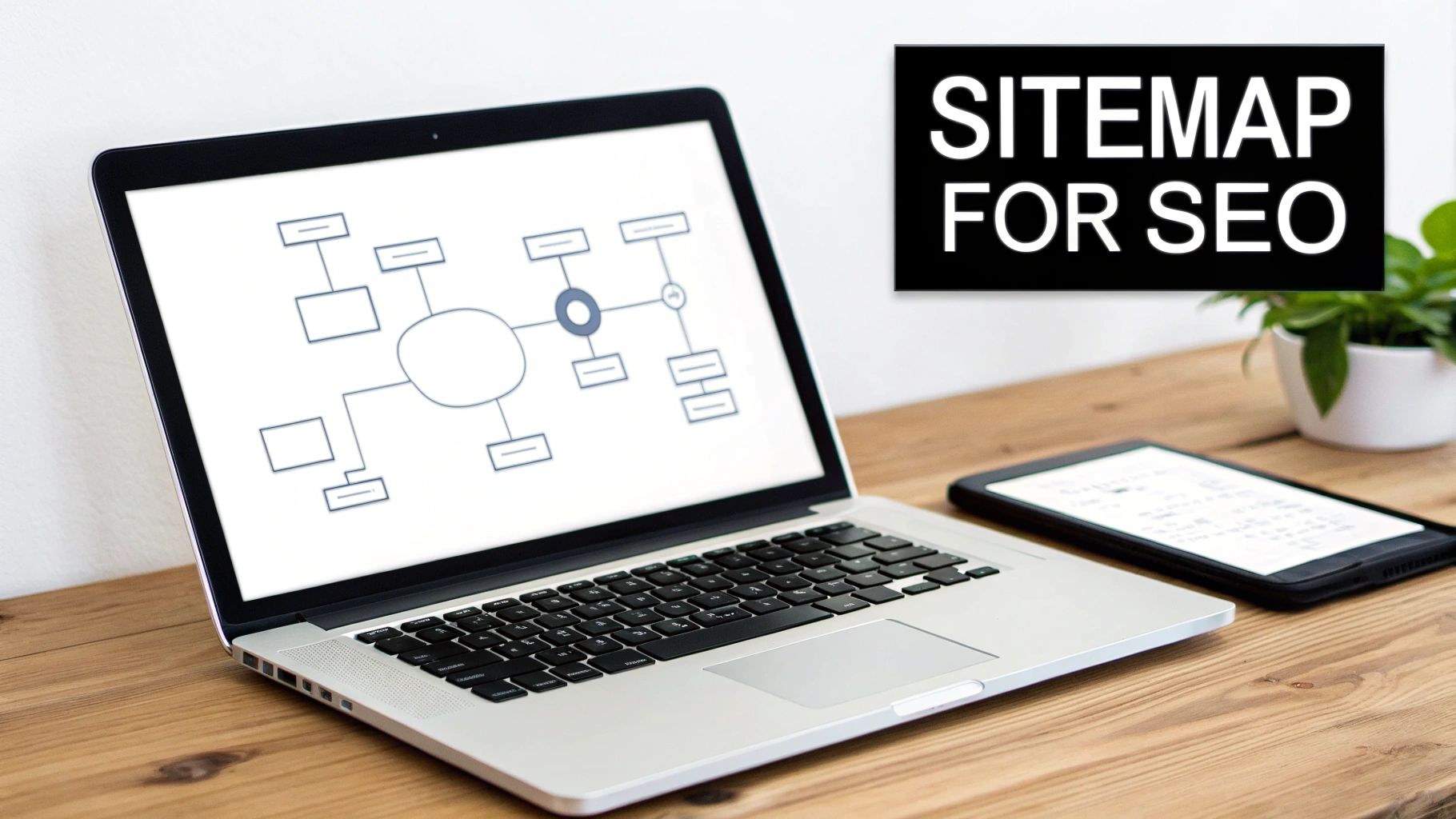 Laptop mit Sitemap-Darstellung und Tablet auf Holztisch, daneben Text: SITEMAP FÜR SEO.