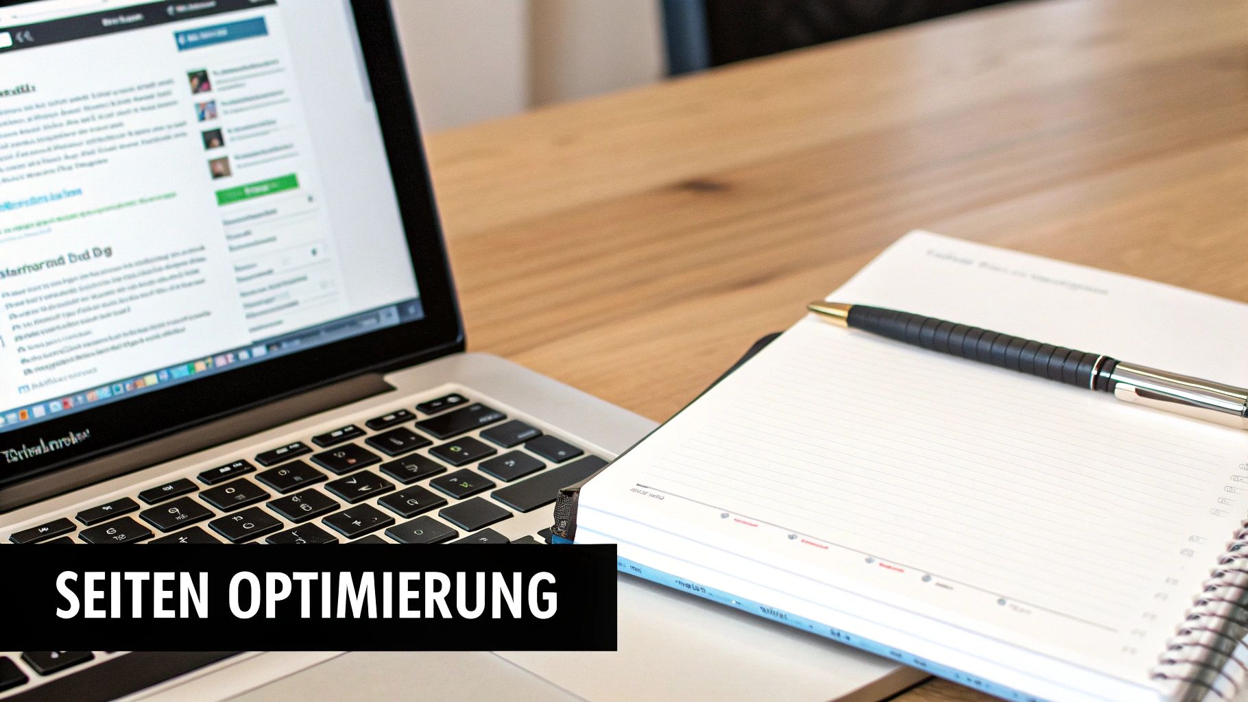 Prenosnik s spletno stranjo, odprtim zvezkom in pisalom na leseni mizi, z besedilom 'OPTIMIZACIJA STRANI'.