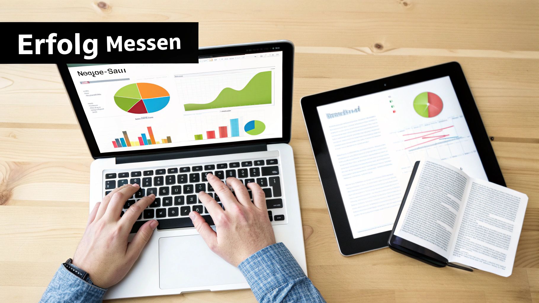 A person measures success, typing on a laptop with charts, a tablet and a notebook on a wooden table.