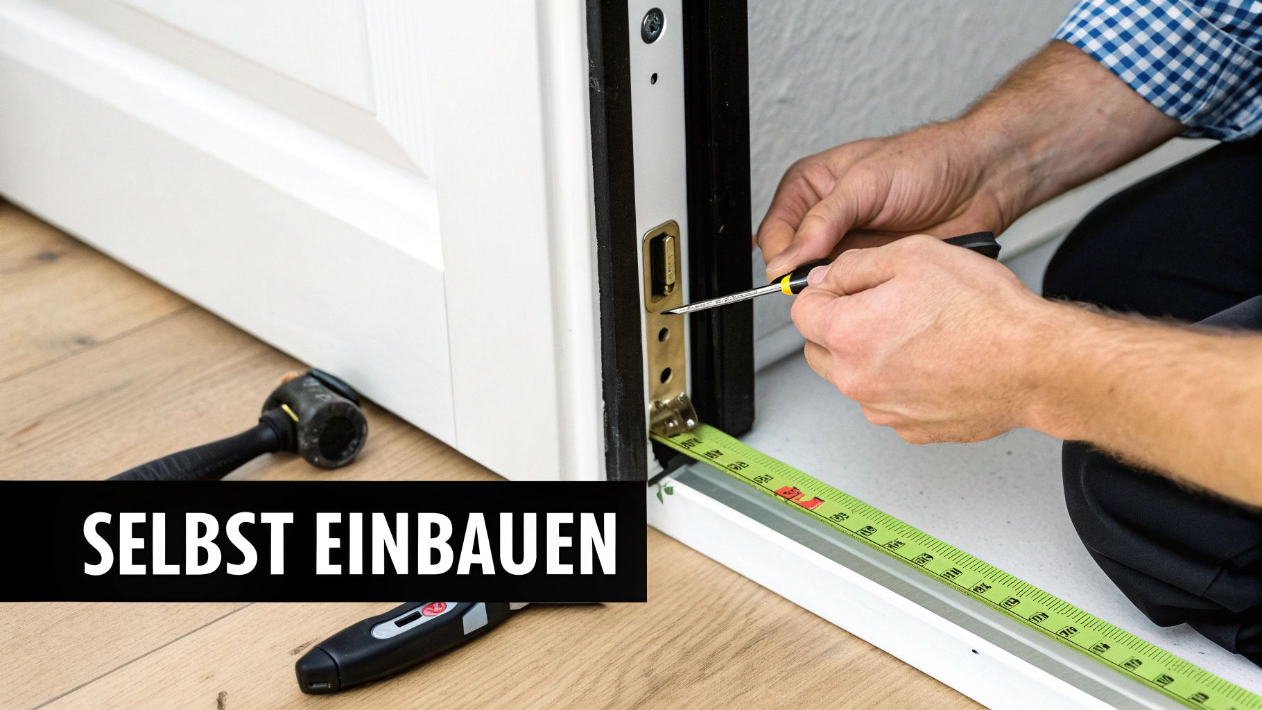 Eine Person montiert fachgerecht einen Schließzylinder in eine Haustür.