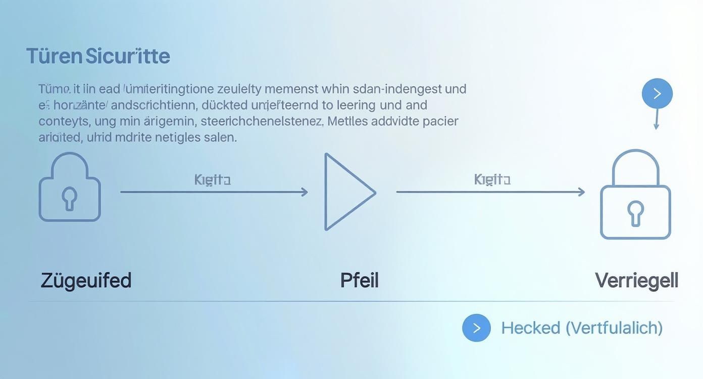 Diagramm zur Türsicherheit mit Schloss, Pfeil und Verriegelung; Darstellung eines Sicherheitsmechanismus.