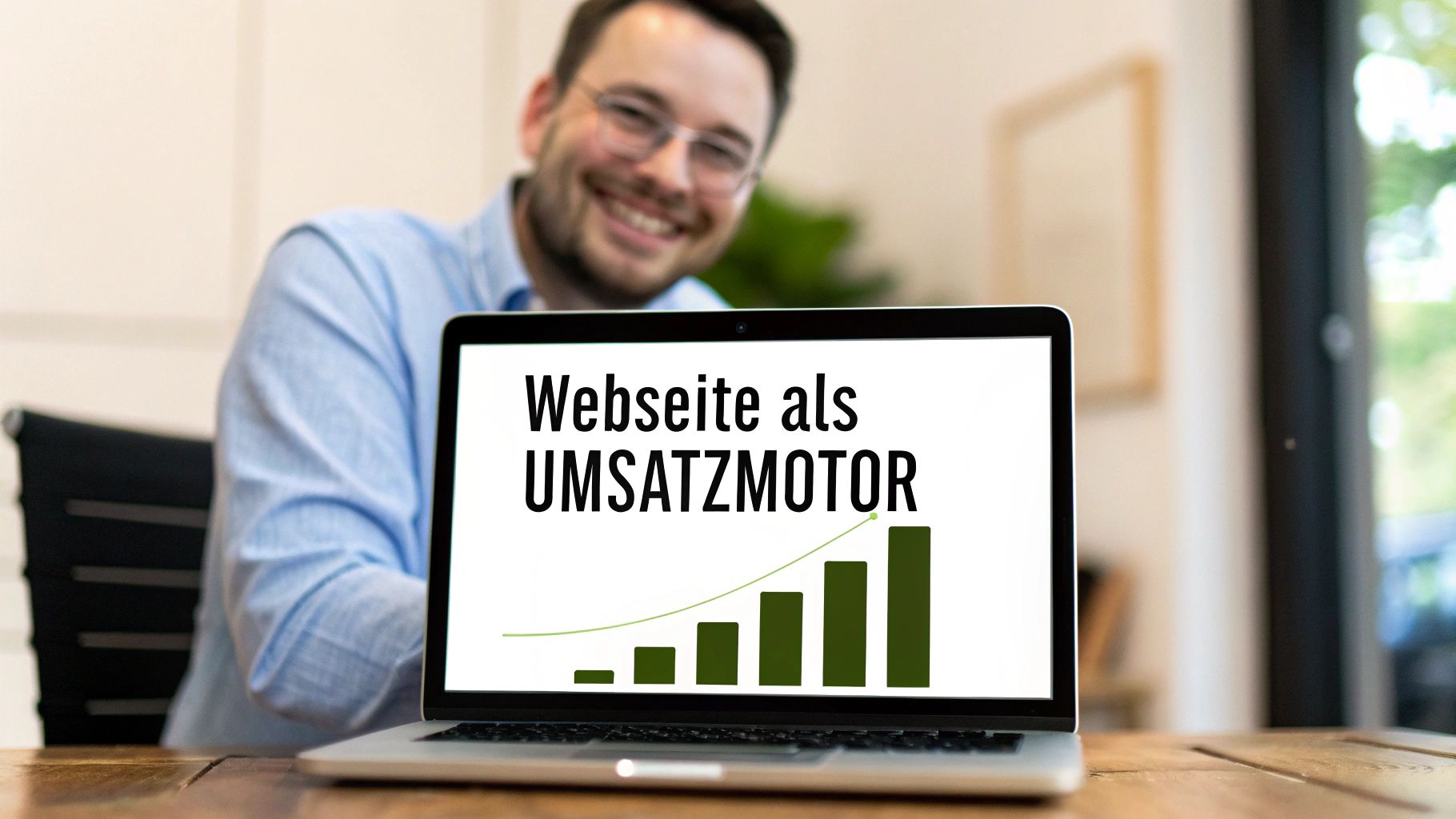 Lächelnder Mann hinter Laptop. Der Bildschirm zeigt 'Webseite als UMSATZMOTOR' und ein Diagramm mit Umsatzwachstum.