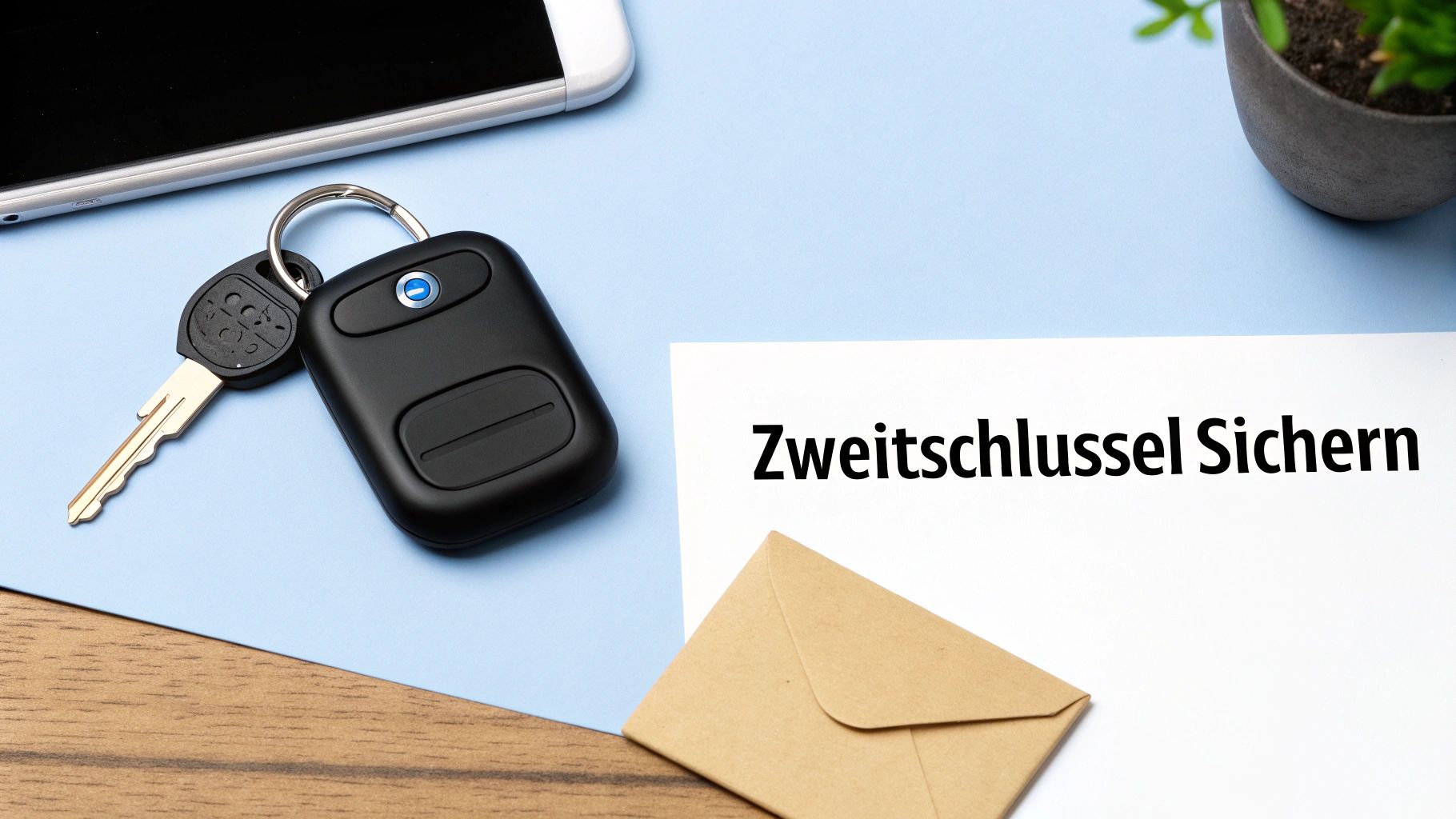 Autoschlüssel und Smartphone auf blauem Tisch mit Notiz 'Zweitschlüssel Sichern' und Umschlag.