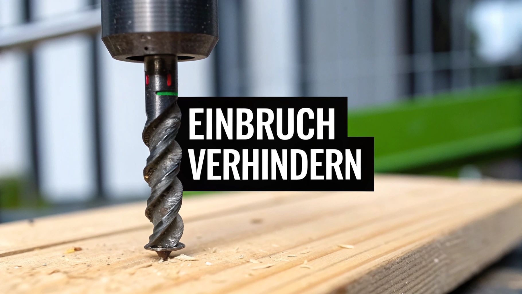 Ein Bohrer dringt in ein Holzbrett ein, mit Text 'EINBRUCH VERHINDERN' für Sicherheit und Heimwerken.