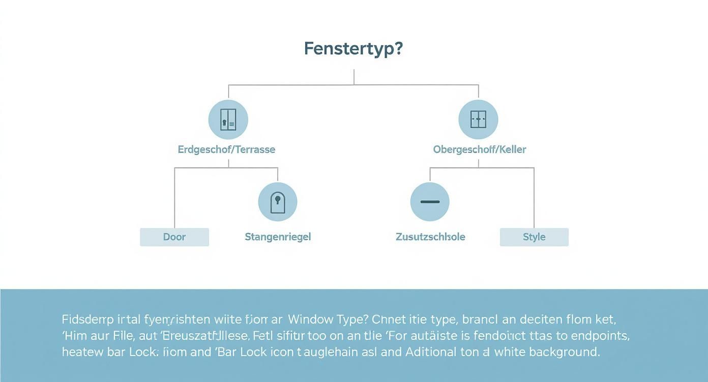 Flussdiagramm zum Fenstertyp mit Optionen für Erdgeschoss/Terrasse und Obergeschoss/Keller, inklusive Riegelsystemen.