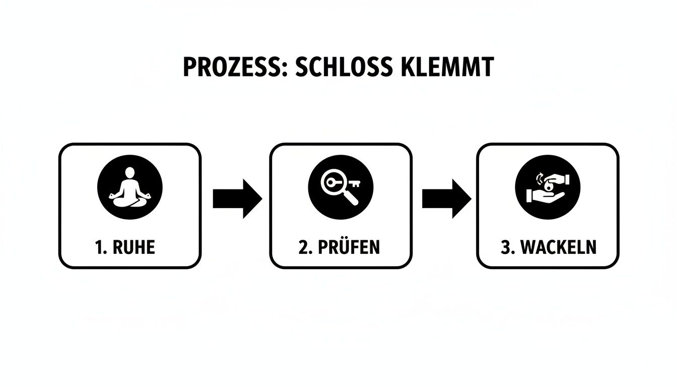 Ein dreistufiger Prozess zur Behebung eines klemmenden Schlosses: Ruhe bewahren, Schlüssel prüfen, dann wackeln.