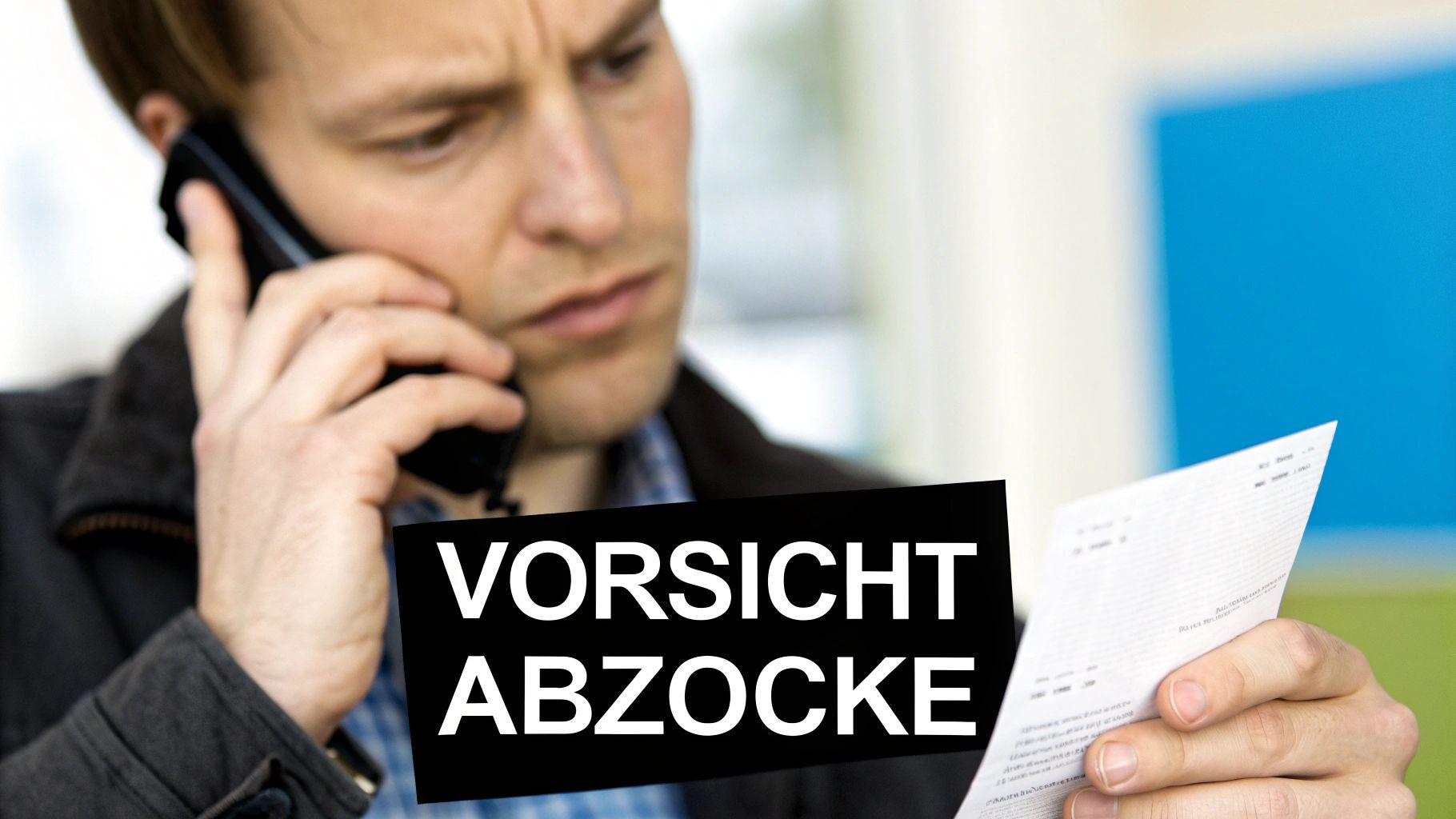 Ein besorgter Mann telefoniert und hält ein Dokument mit dem Text "VORSICHT ABZOCKE" in der Hand.