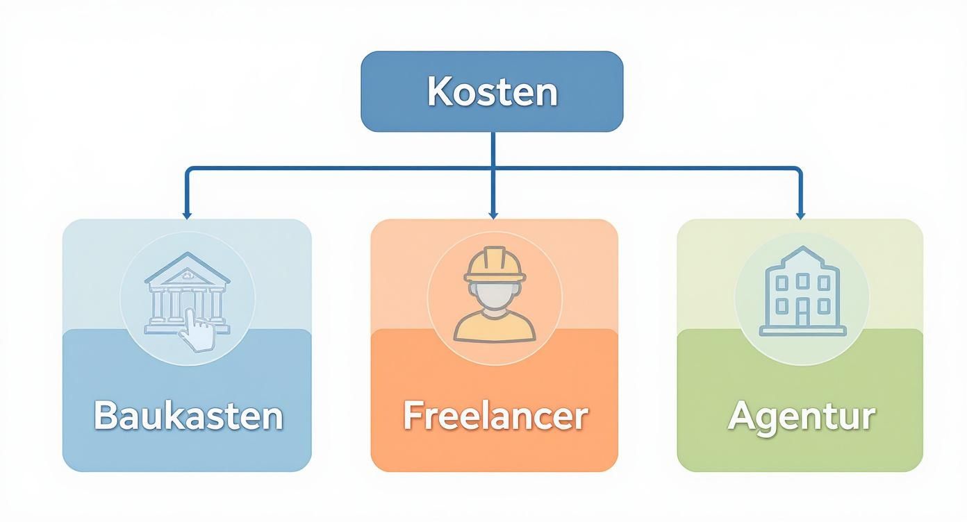 Diagramm zeigt Kosten für Webseiten-Erstellung: Baukasten, Freelancer und Agentur als Optionen.