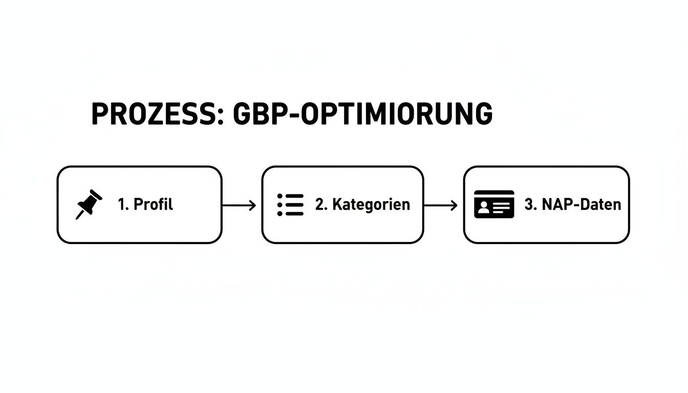 A flowchart shows the process of Google Business Profile optimization in three steps: profile, categories, and NAP data.