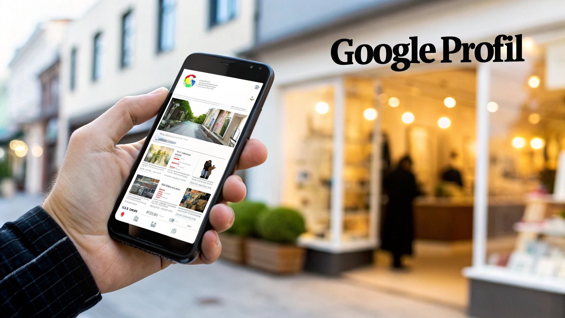 Eine Hand hält ein Smartphone, das ein Google Profil vor einer Ladenfront mit beleuchteten Schaufenstern anzeigt.
