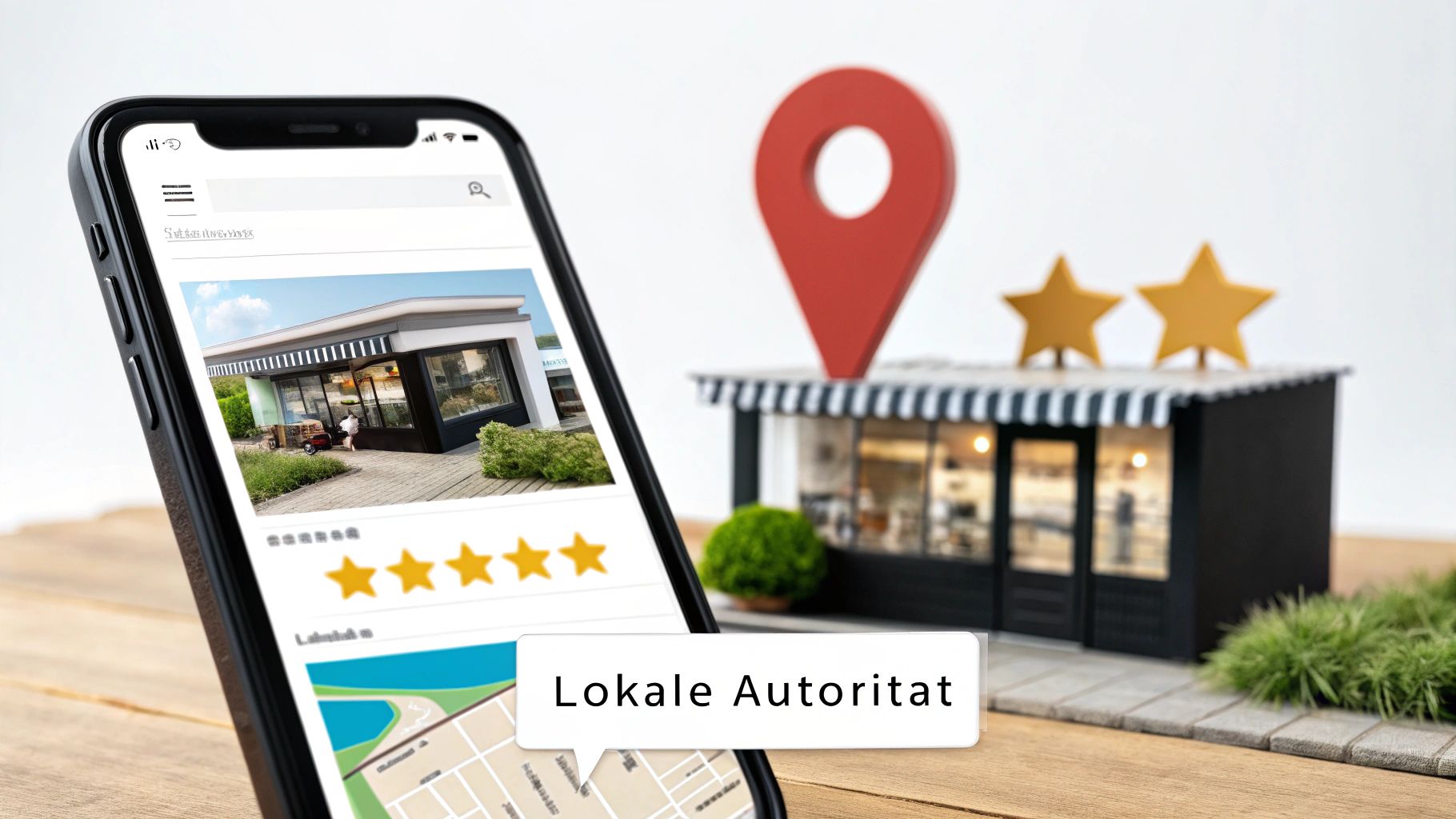 Image of a local storefront with a pin on a map overlayed