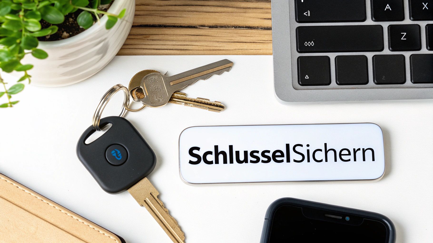 Verschiedene Schlüssel, darunter ein Autoschlüssel, und ein Schild mit der Aufschrift „SchlüsselSichern“ auf einem Schreibtisch mit Laptop und Handy.