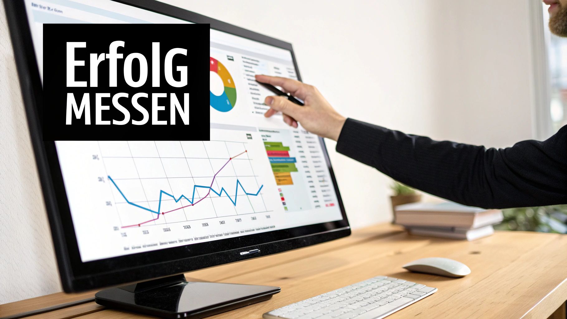 Eine Person analysiert Daten auf einem Laptop-Bildschirm, der mit Diagrammen und Graphen gefüllt ist, was den Prozess der Erfolgsmessung und Optimierung eines Content-Plans darstellt.