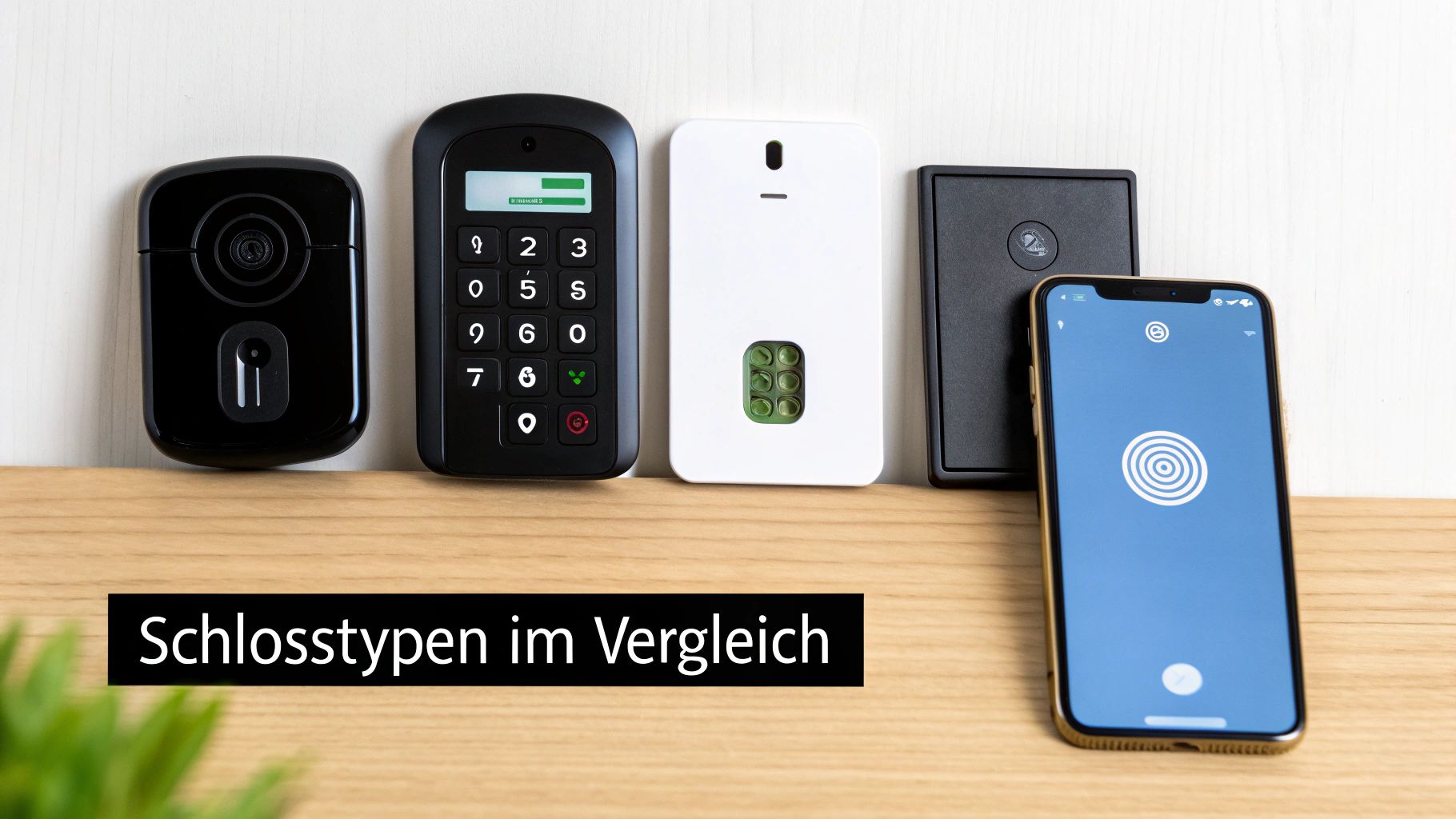 Verschiedene elektronische Türschlösser und Zugangssysteme im Vergleich, inklusive Smartphone-Steuerung.
