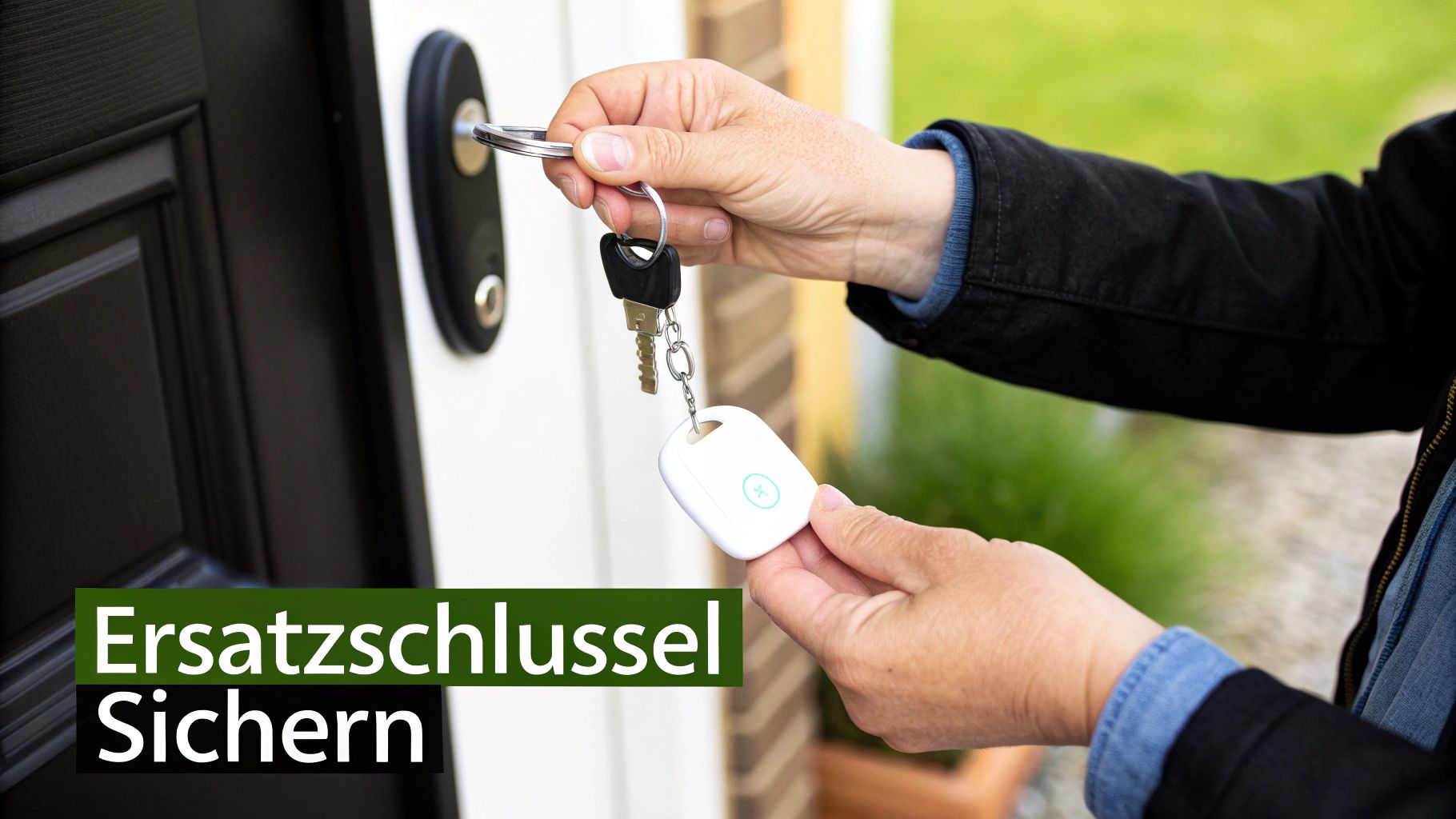 Eine Person steckt einen Haustürschlüssel mit einem weißen Keyfinder in ein Türschloss, um Ersatzschlüssel zu sichern.