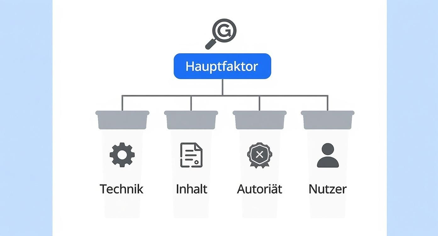 Infografik über die vier Säulen der Google Ranking Faktoren Technik, Inhalt, Autorität und Nutzer