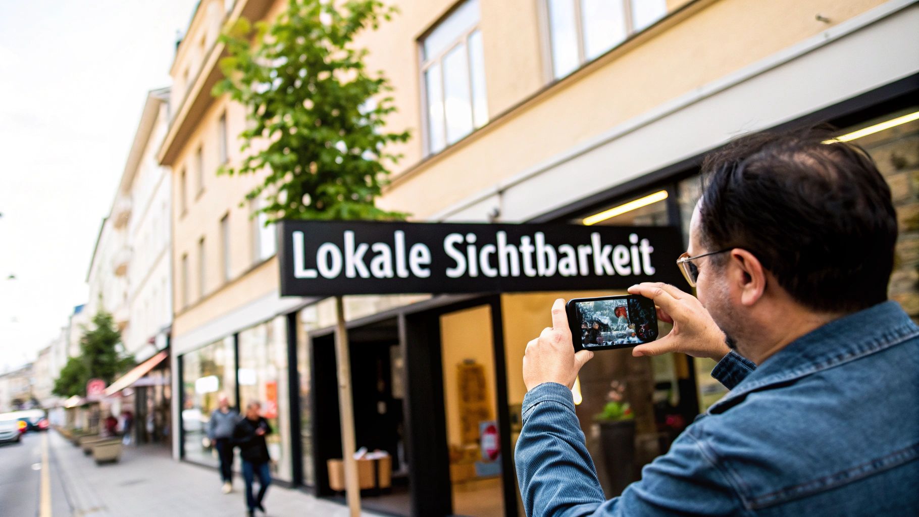 A smartphone is held up and displays a local map with pins and nearby business listings.