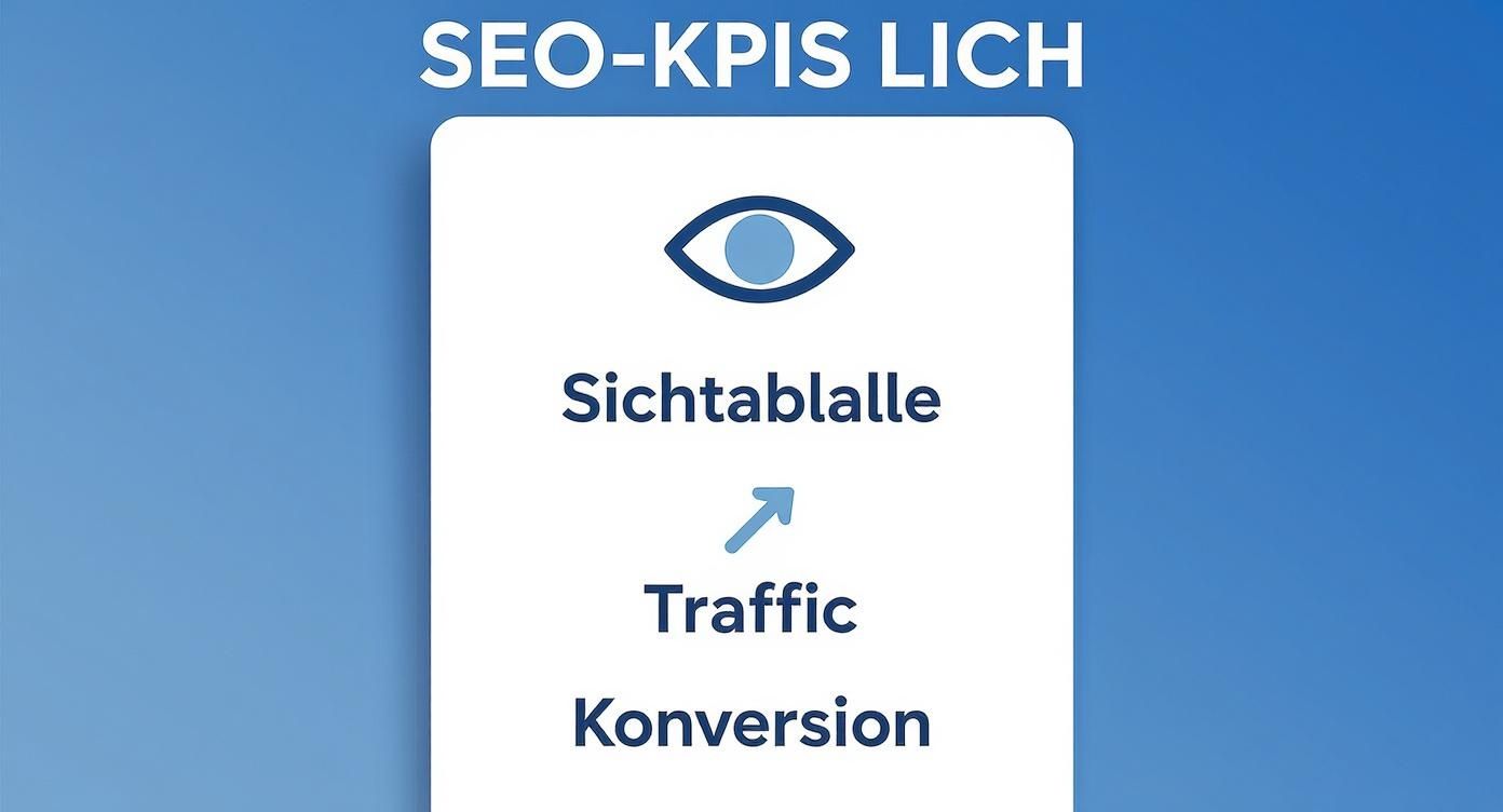 Infografik zu KPIs in SEO, die eine Hierarchie von Sichtbarkeit über Traffic bis hin zu Konversionen zeigt
