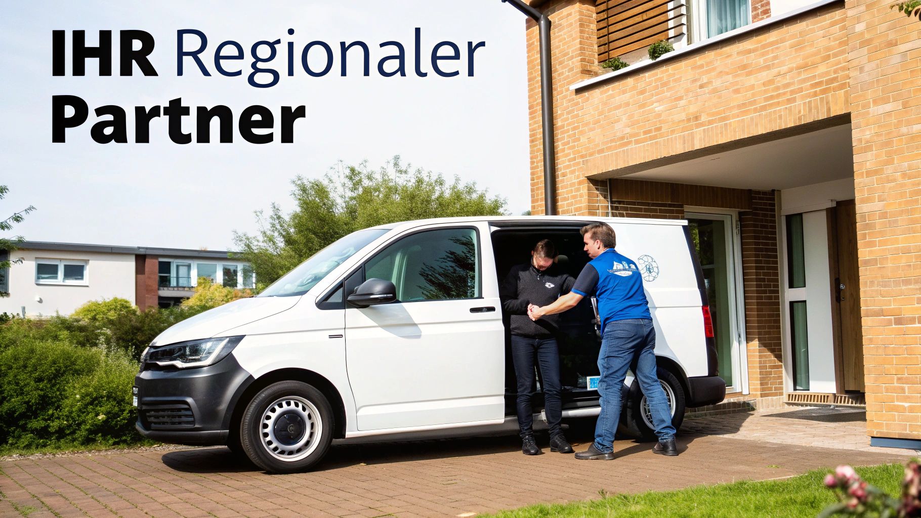 Ein Lieferwagen parkt vor einem Haus, während ein Mitarbeiter einem Kunden beim Aussteigen hilft.