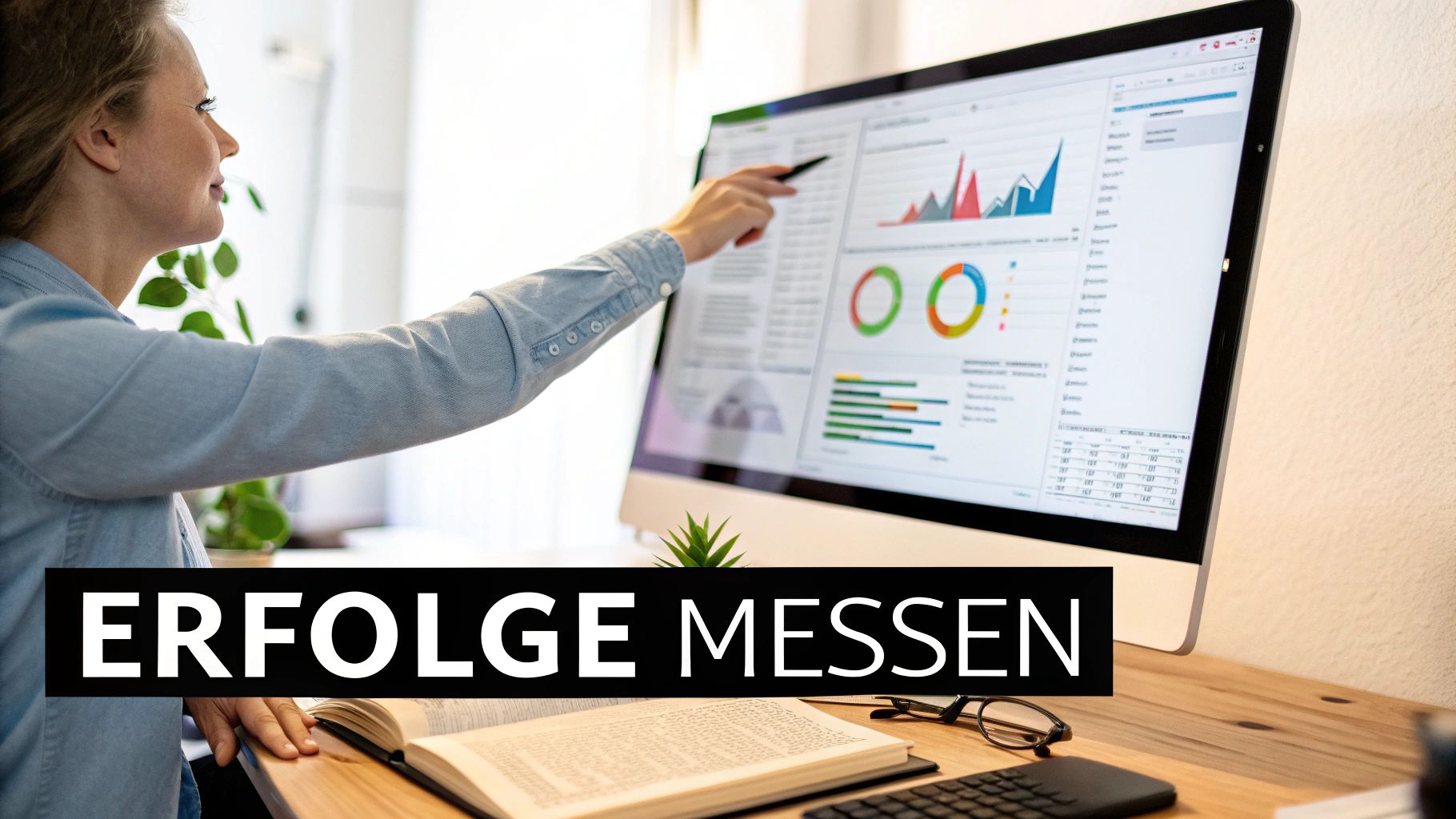 A woman analyzes data and graphs on a computer monitor while working at her desk.