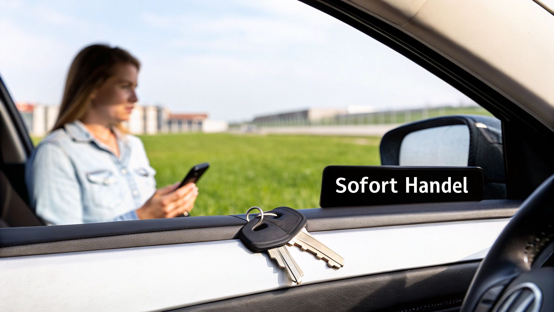 Frau sitzt im Auto, schaut auf ihr Smartphone, während die Autoschlüssel sichtbar auf dem Fensterrahmen liegen. Ein Schild sagt 'Sofort Handel'.