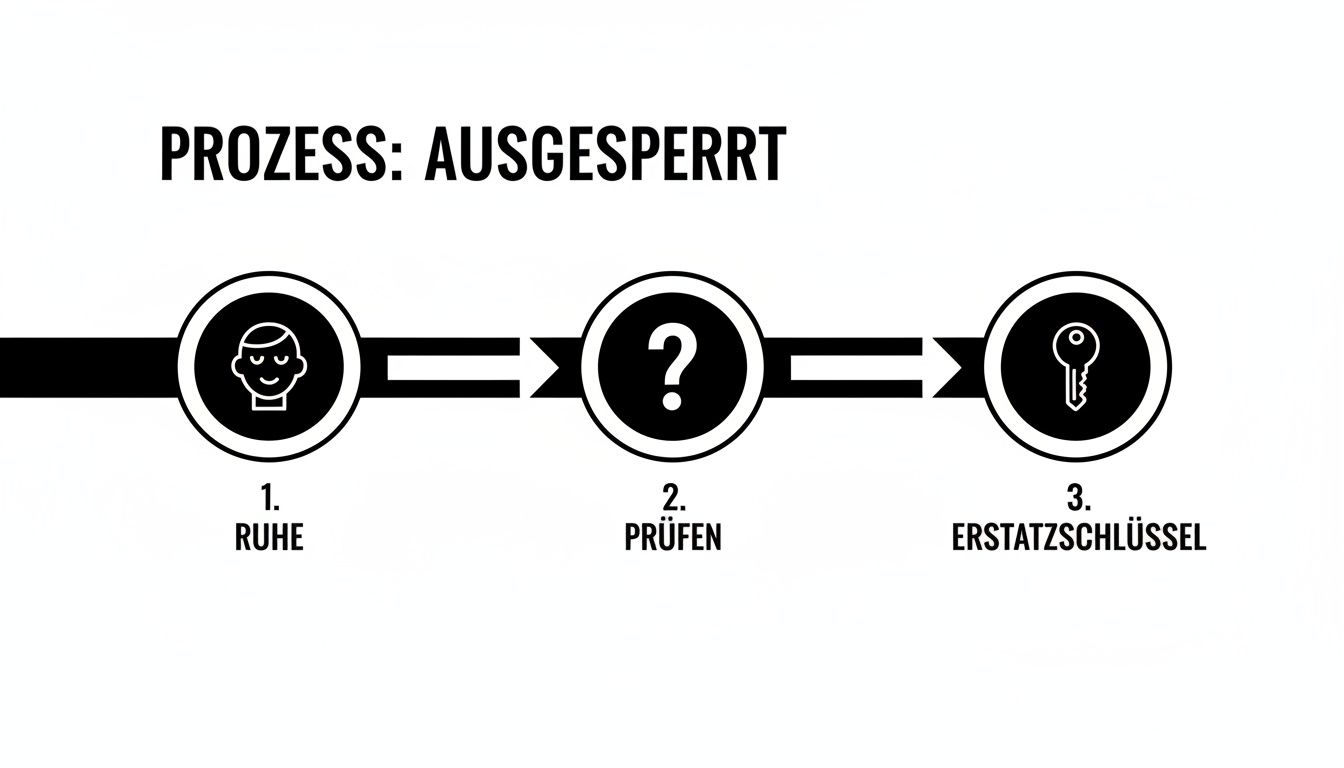 Eine schwarz-weiße Infografik zeigt einen 3-Schritte-Prozess: Ruhe bewahren, prüfen, Ersatzschlüssel finden, wenn man ausgesperrt ist.