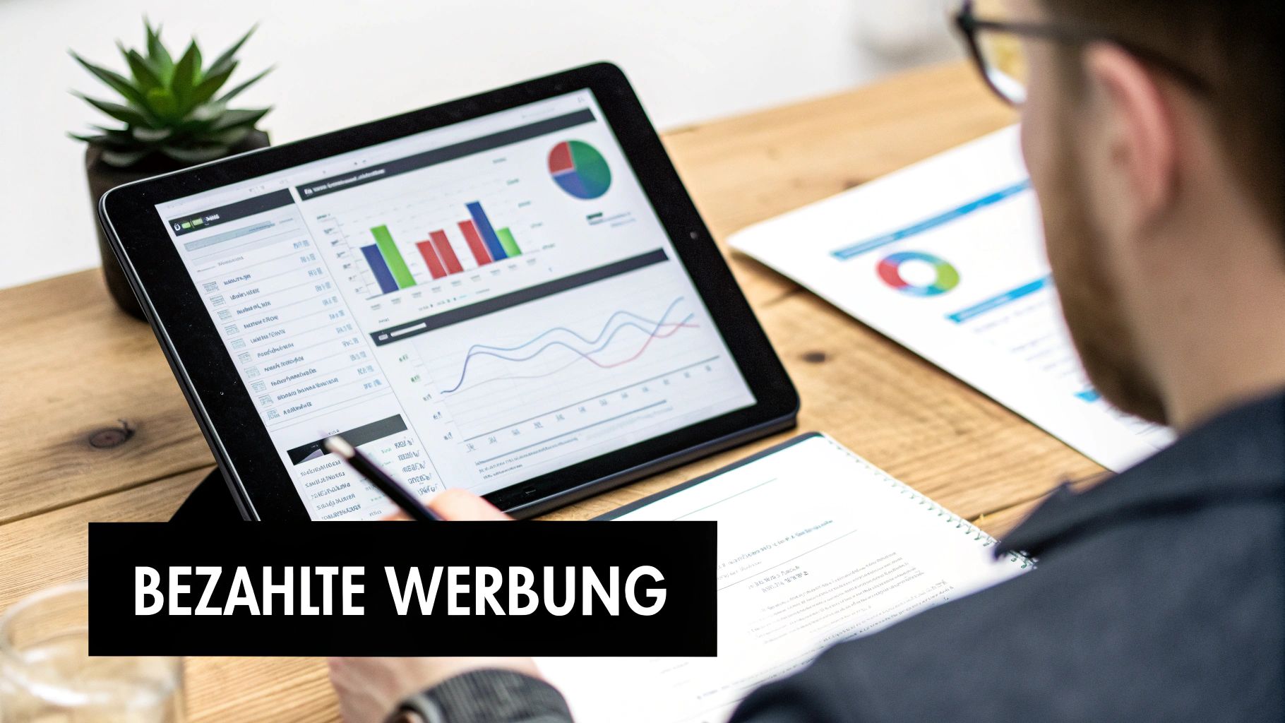 Geschäftsperson analysiert Online-Marketing-Daten und Diagramme auf einem Tablet für bezahlte Werbung