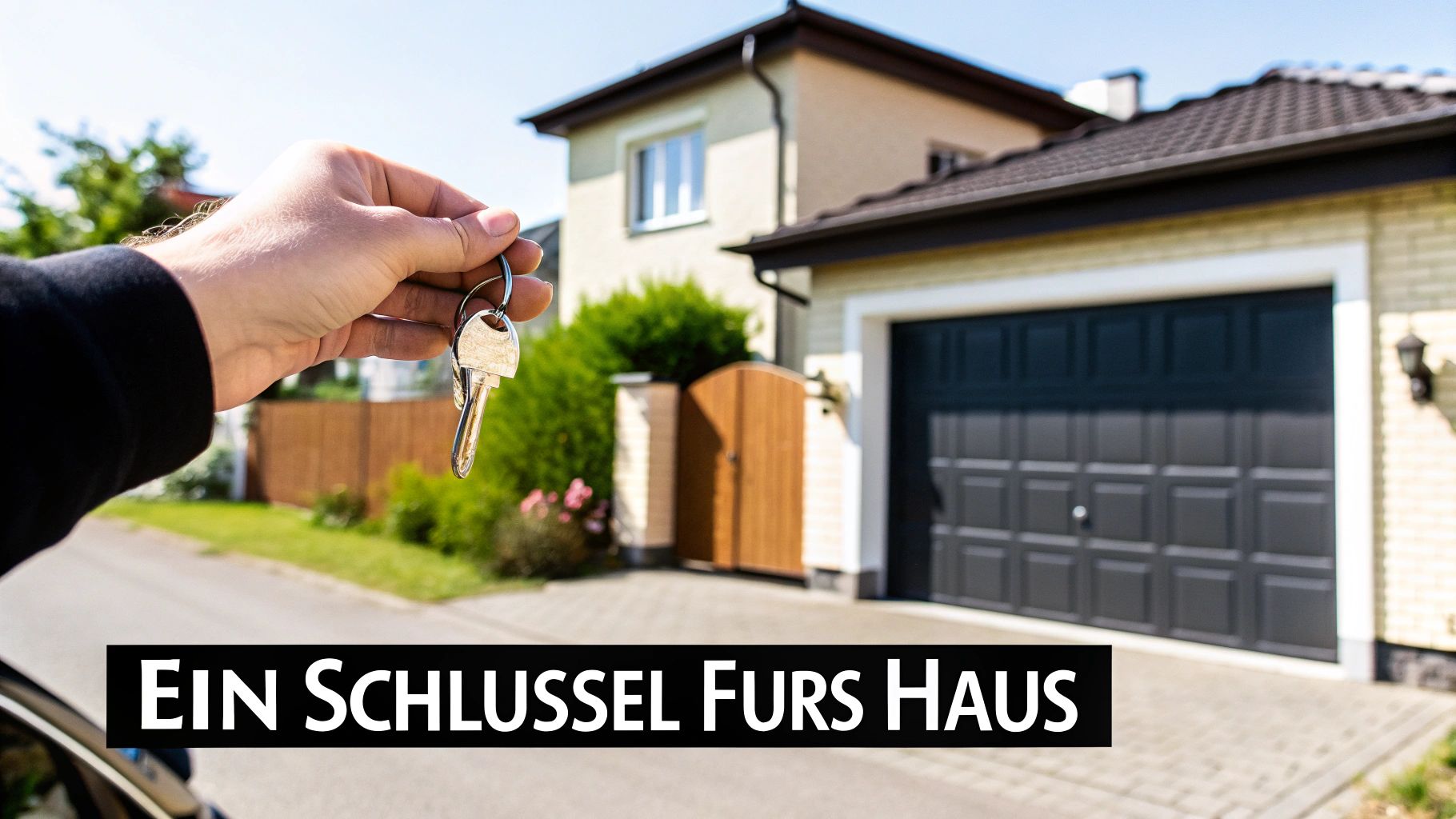 Eine Hand hält einen einzelnen Schlüsselbund vor einem modernen Haus mit einer grauen Garage.