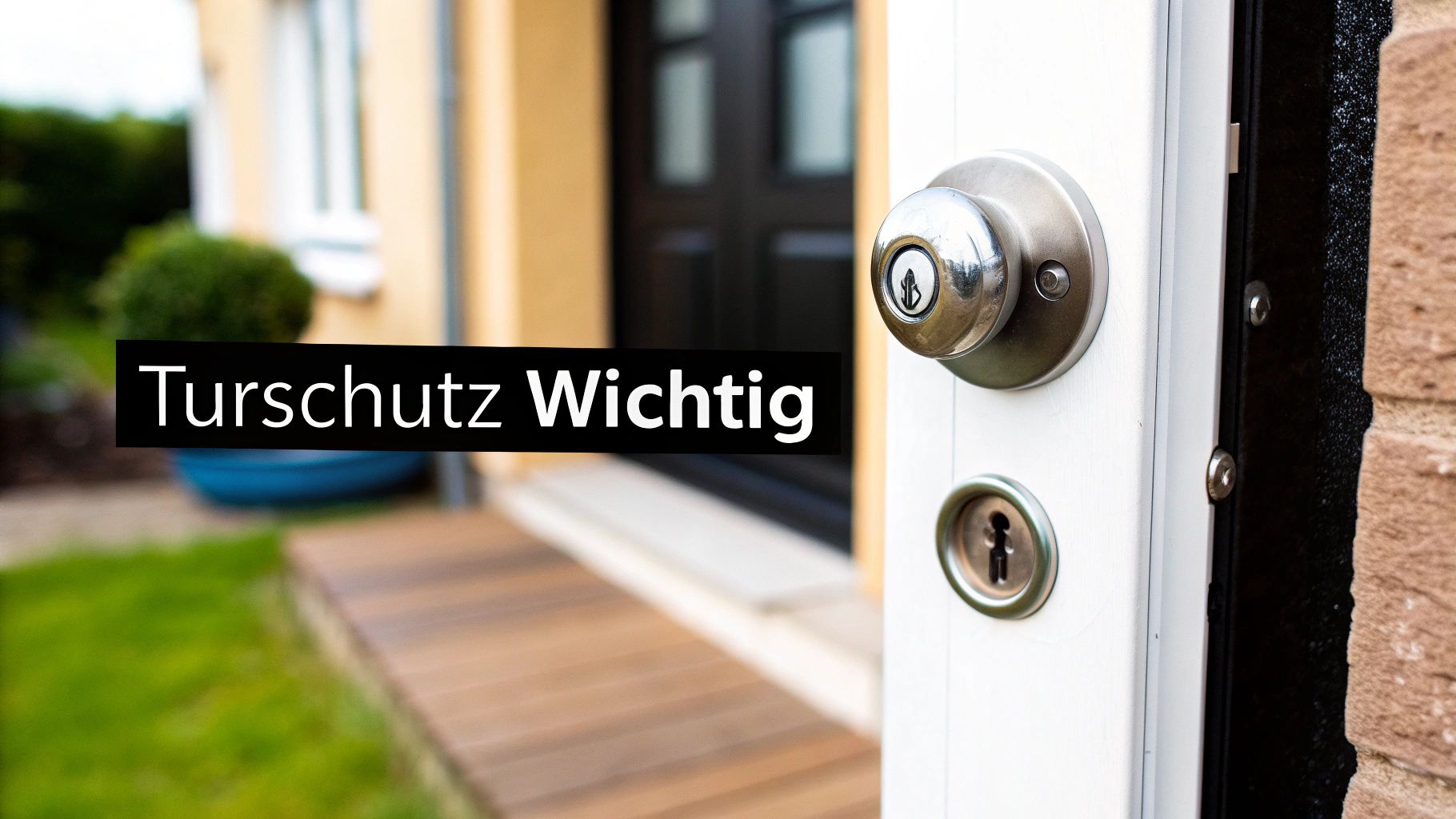 Offene weiße Haustür mit silbernem Türknauf und Schlüsselloch, dahinter ein Haus und der Schriftzug 'Turschutz Wichtig'.