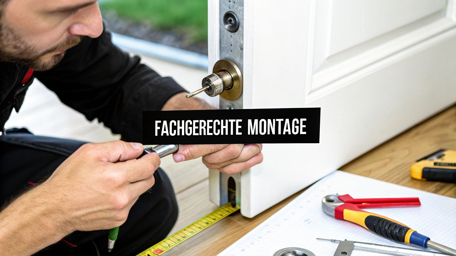Ein Handwerker montiert fachgerecht einen Schließzylinder in eine weiße Tür, mit Werkzeugen auf dem Boden.