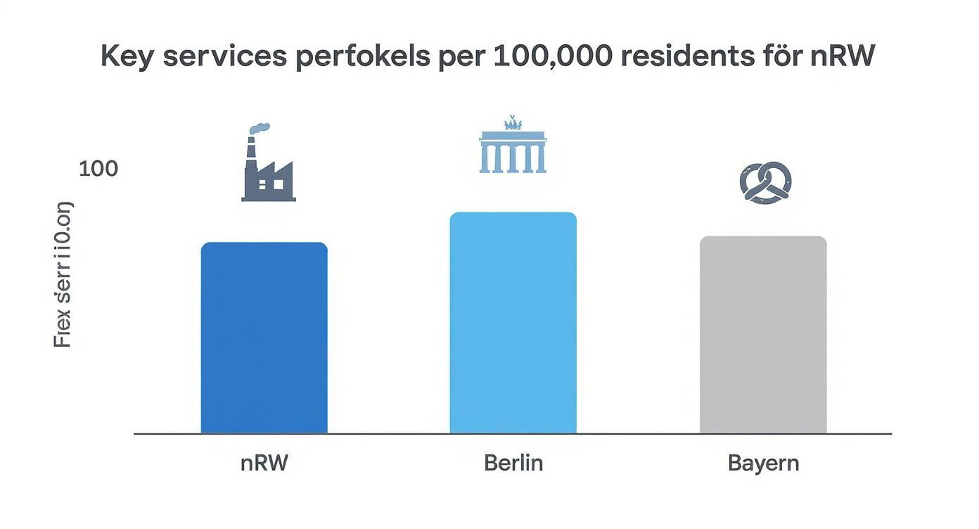Balkendiagramm zeigt Schlüsseldienste pro 100.000 Einwohner in NRW, Berlin und Bayern.