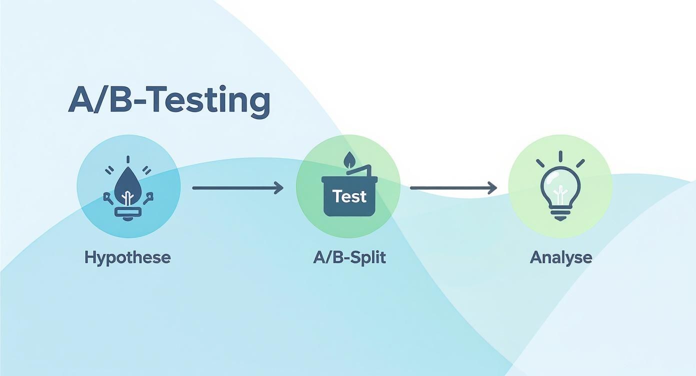 Infografik zeigt den A/B-Testing-Prozess: Hypothese, A/B-Split und Analyse mit Icons.