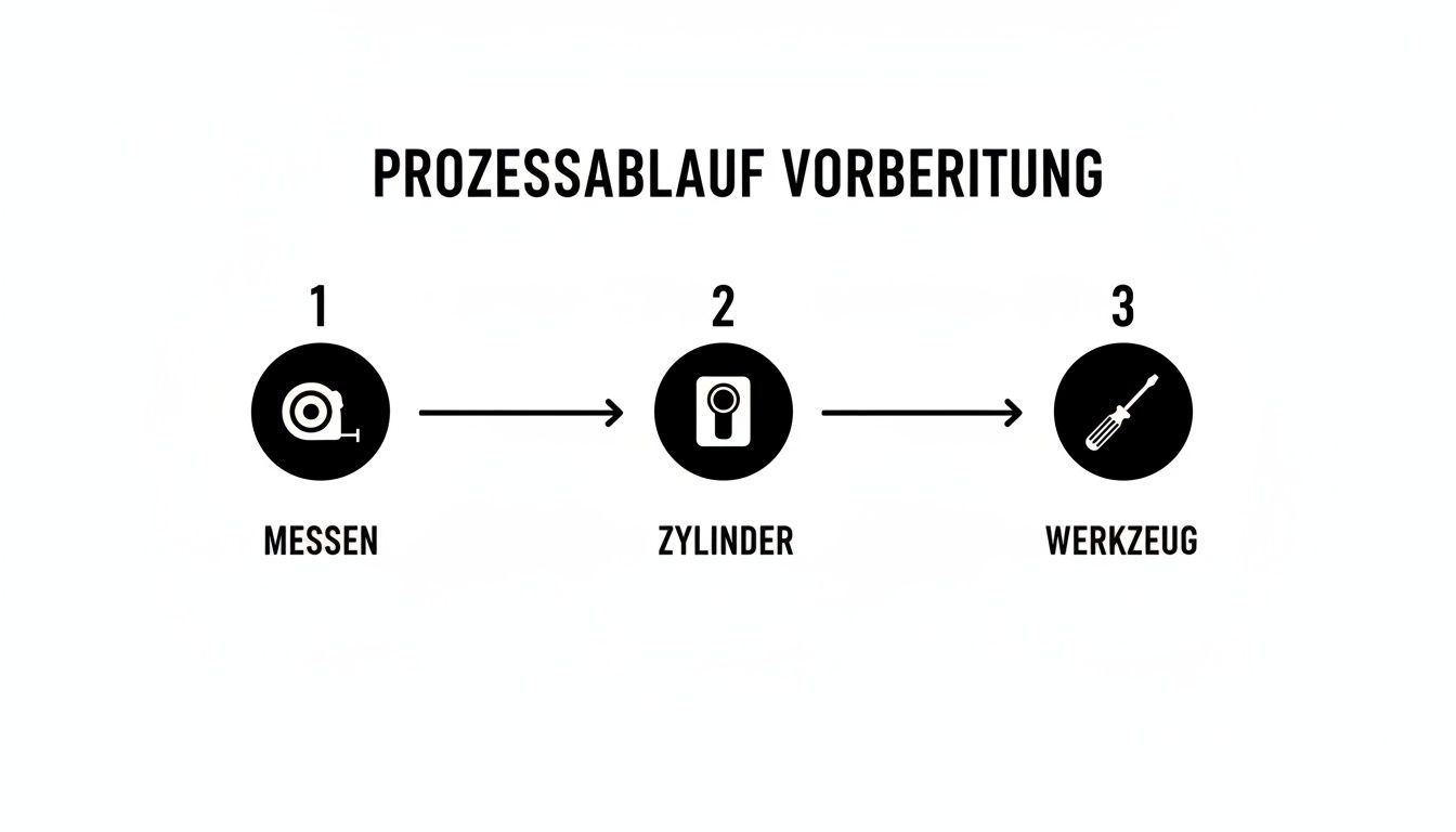 Prozessablauf Vorbereitung Schließzylinderwechsel: Messen, Zylinder prüfen, Werkzeug bereitlegen in drei Schritten.