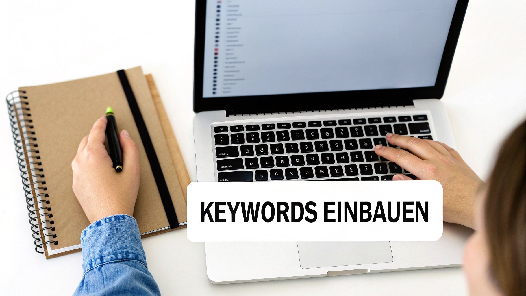 Person arbeitet am Laptop und plant Keyword-Strategie mit Notizbuch für SEO-Optimierung