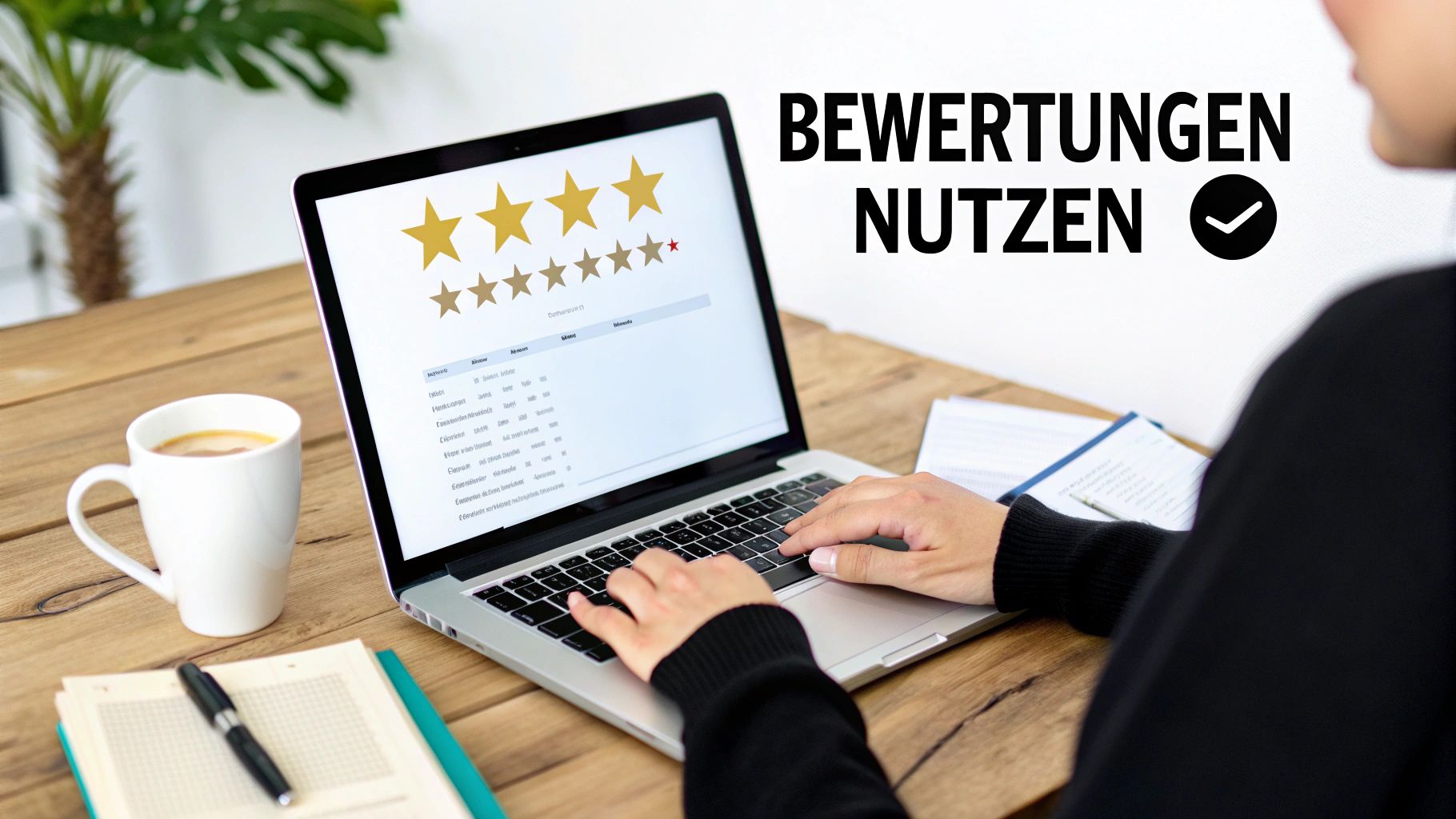 A person types on a laptop to use online reviews and manage feedback. Coffee and a notebook are on a wooden table.